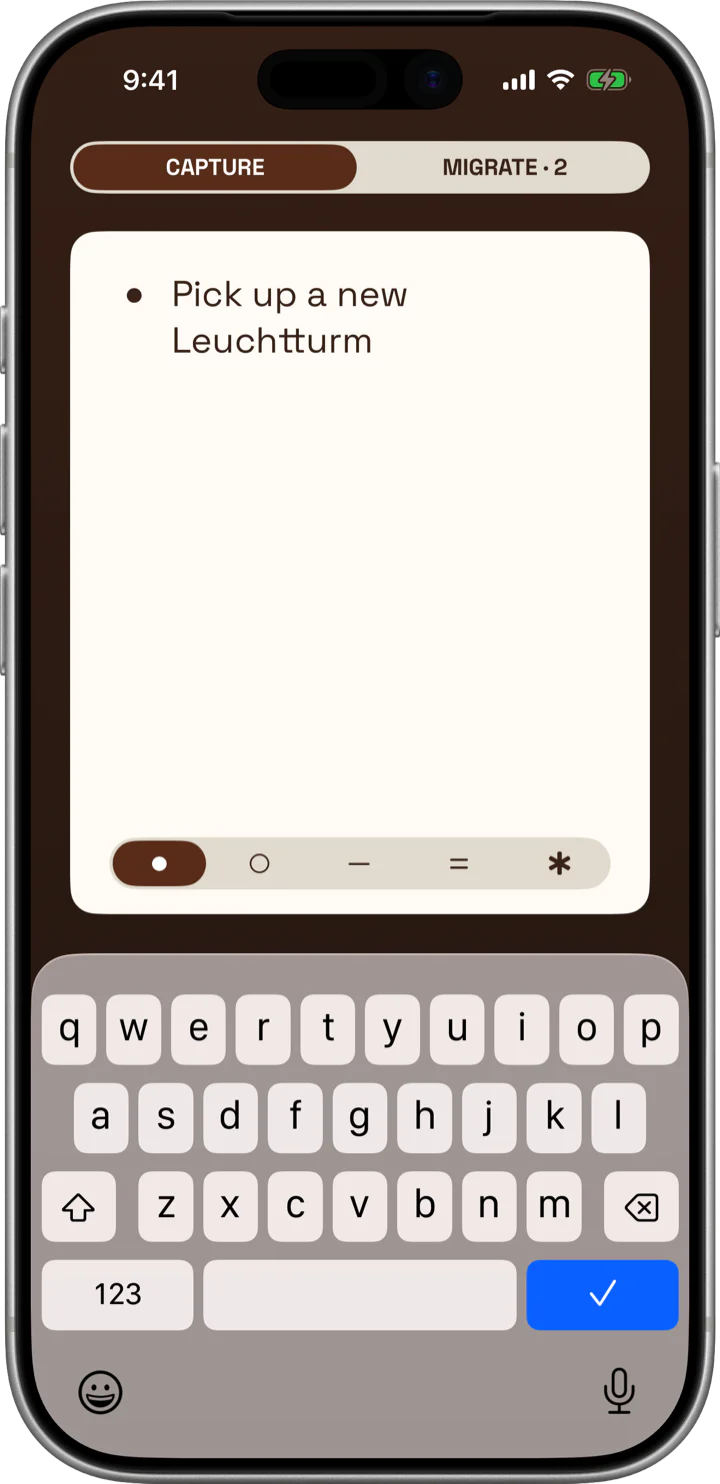 Roost capture screen on iPhone showing a bullet journal entry